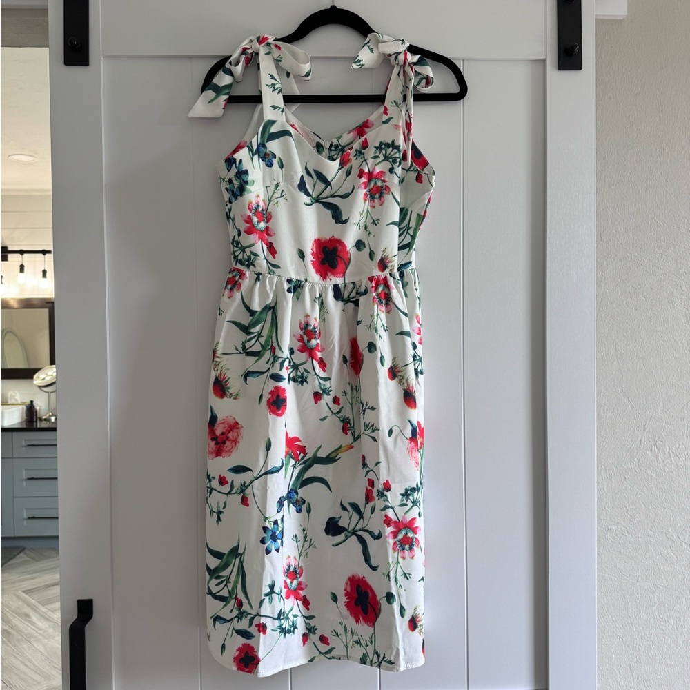 Floral White Dress with Red Accents